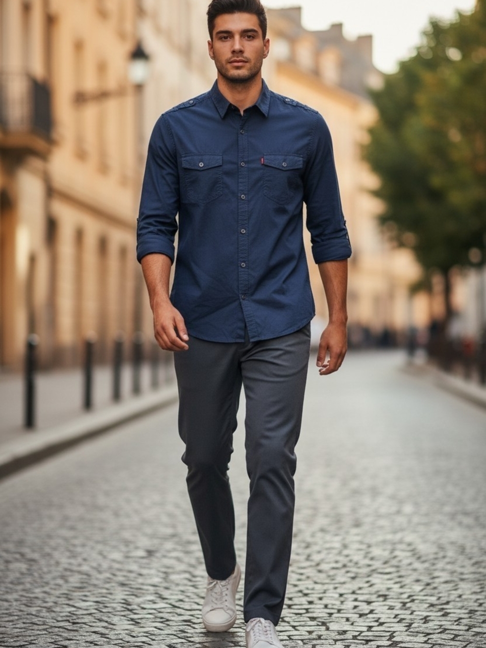 Men's Casual Navy Button-Down Shirt